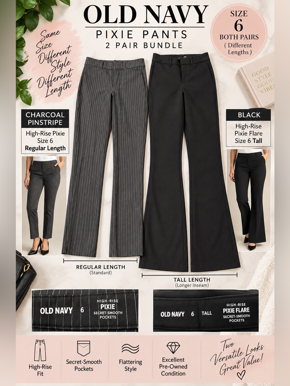 Old Navy Black & Charcoal Pinstripe Pixie Flare Pants 2-Pair Bundle